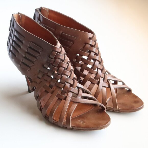 Givenchy Brown Leather Woven Strappy Open Toe Heels Sandals Luxury Bootie Shoes - Picture 4 of 16